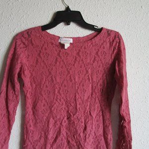 Long sleeve boatneck, dusty rose sheer lace w roses. Ellen Ashley, Small, nylon